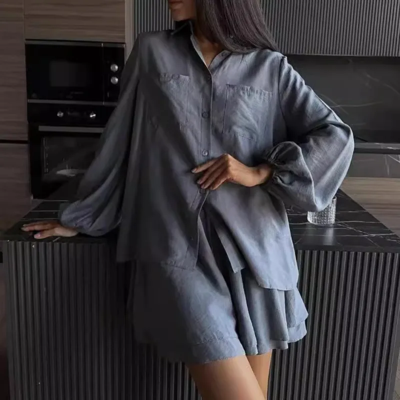 Ruffle Shorts Shirts Suit Fall New Women's White Long Sleeve Blouses Loose Short Pants Summer Casual Women 2 Piece Set Outfit