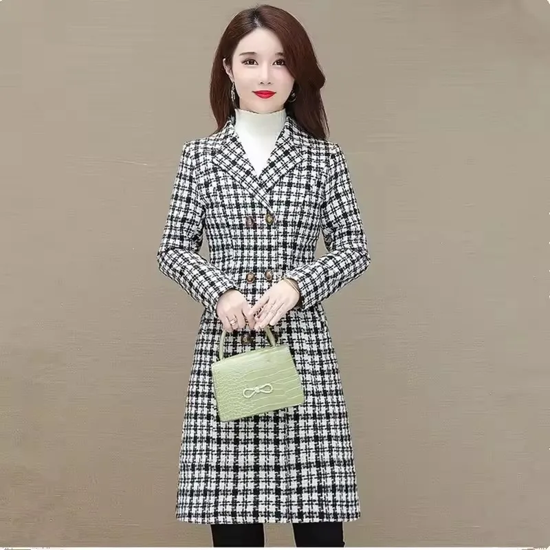

Elegant Black White Check Woolen Jacket Women Autumn Casual Colour Blocking Double Breasted Plaid Mid-length Ladies Outerwear