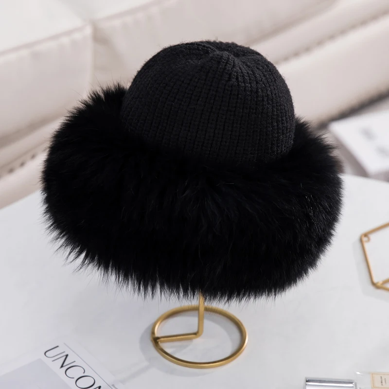 Winter Hats Women Natural Fox Fur Fuffy Warm Fashion Stylish Fedoras Knitted fur hat