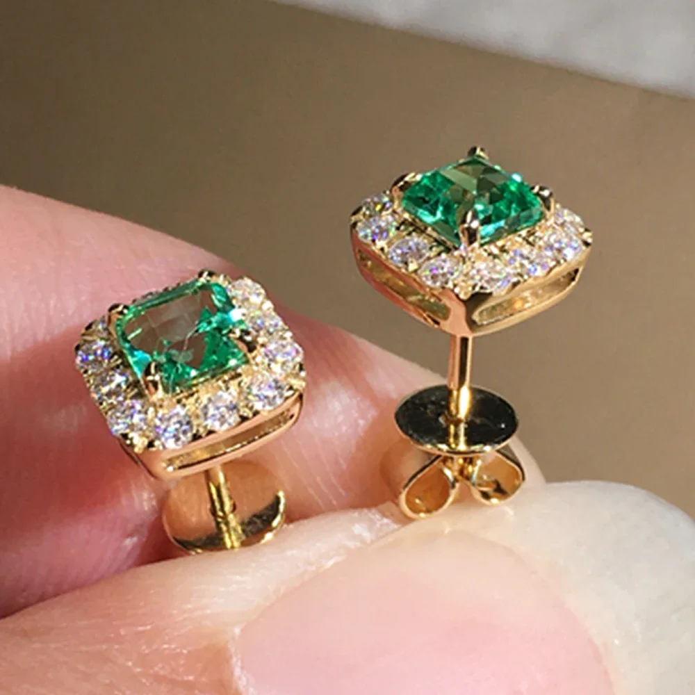 Eternity Green CZ Stud Earrings for Women Gold Color Luxury Bride Wedding  Elegant Ear Accessories Party Jewelry