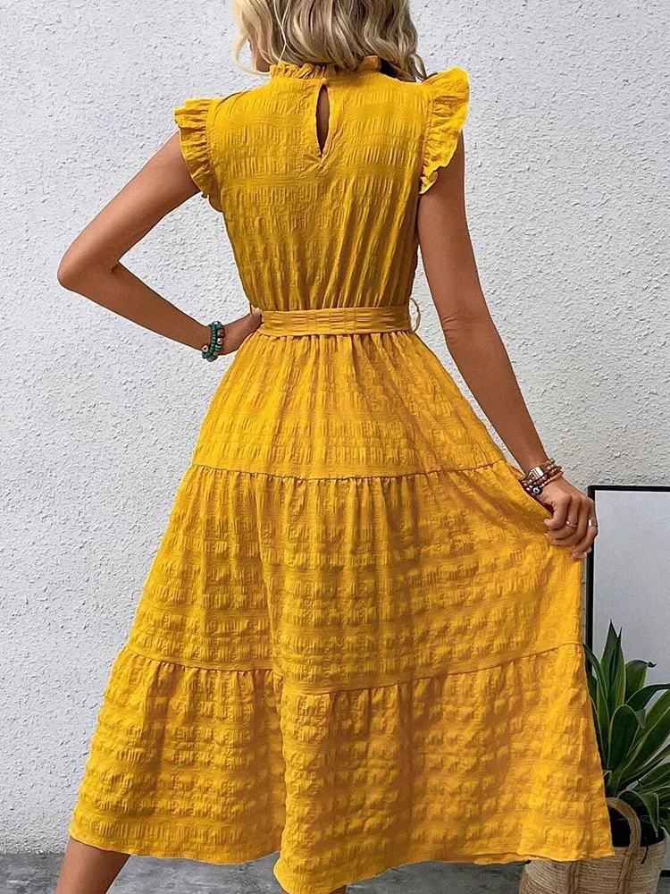 Women\'s New Summer Dress Fashion Elegant Ear-hem Flying Sleeves Lace-up Office Lady Midi Dresses For Women Robe Femme Vestidos