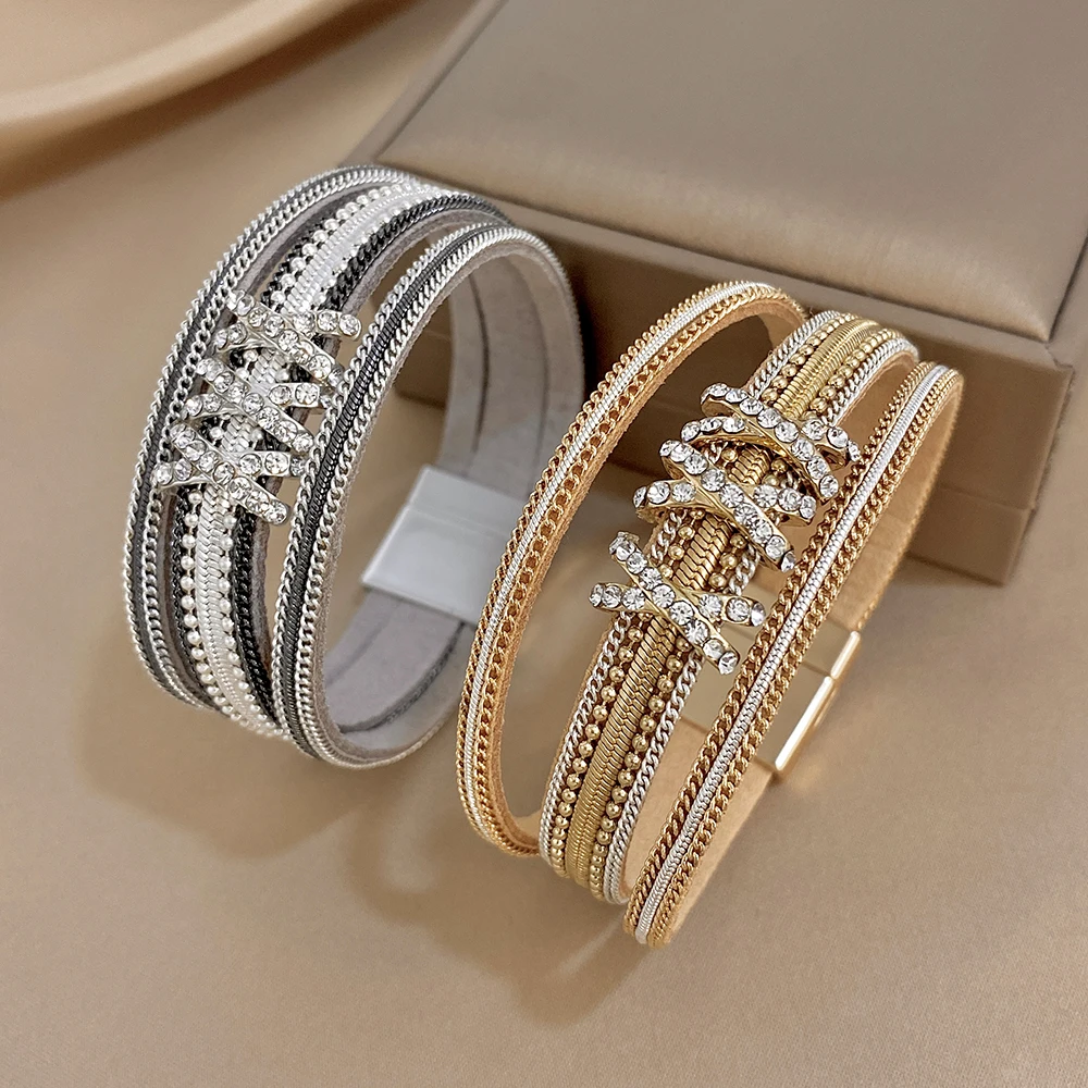 ALLYES Bohemianisches Strass-Streifen-Lederarmband für Damen, Vintage, mehrlagig, breites Wickelarmband, Charm-Schmuck – Detail 11