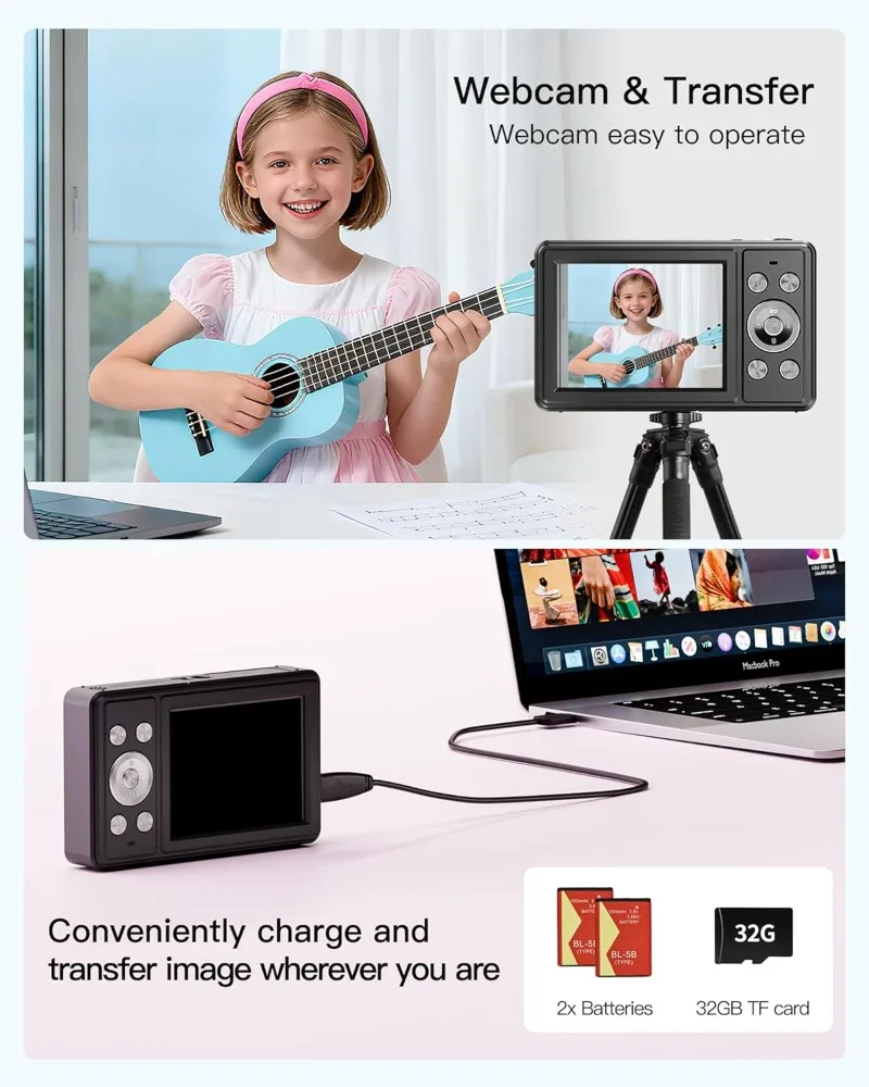 كاميرا رقمية، كاميرا FHD 1080P Point and Shoot مع بطاقة SD سعة 32 جيجابايت، بطاريتين، تكبير 16X، مضادة للاهتزاز، مدمجة للطلاب