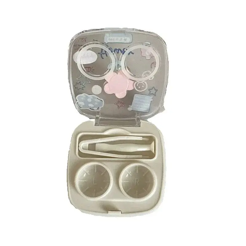 

1 Box Cartoon Contact Lenses Case Flowers Pattern Contact Lens Box Container Travel Contact Lenses Case Transparent Tweezers