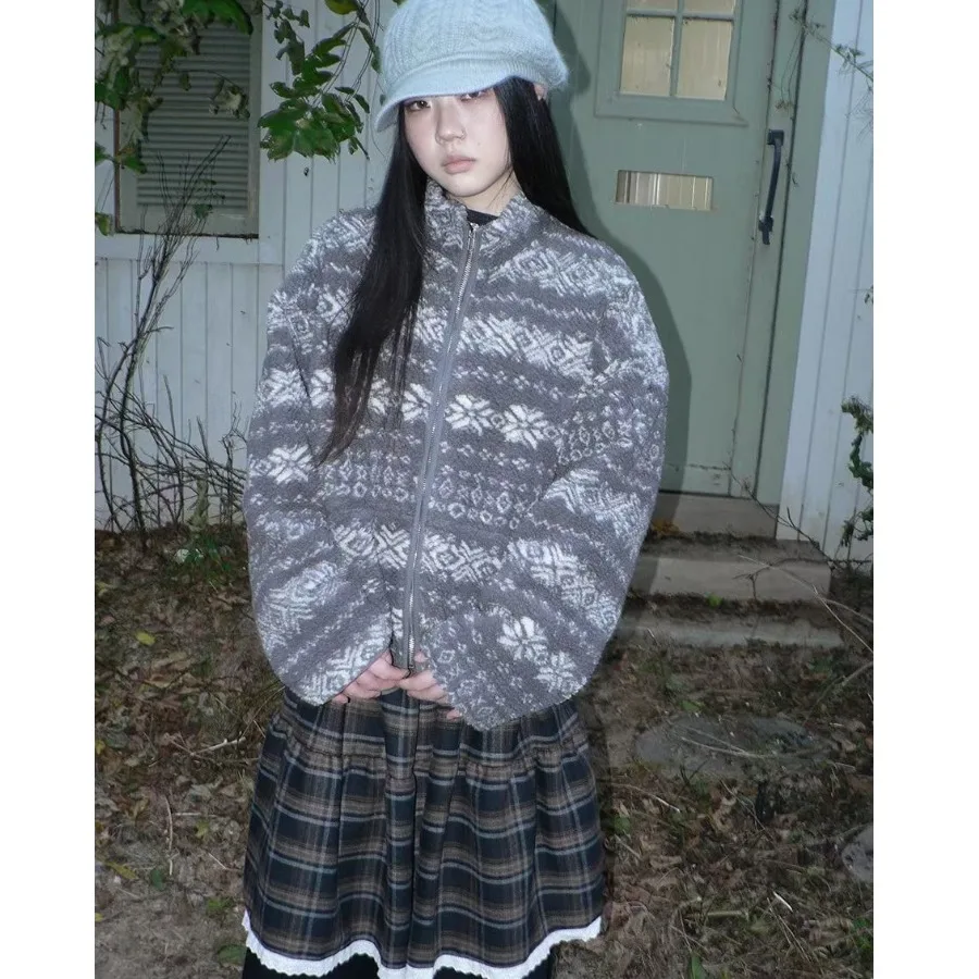 Ladies' Chic Winter Outerwear Loose Fit Collar Faux eepskin Woolen Long Sve Cotton Jaet Retro Fair Isle Pattern