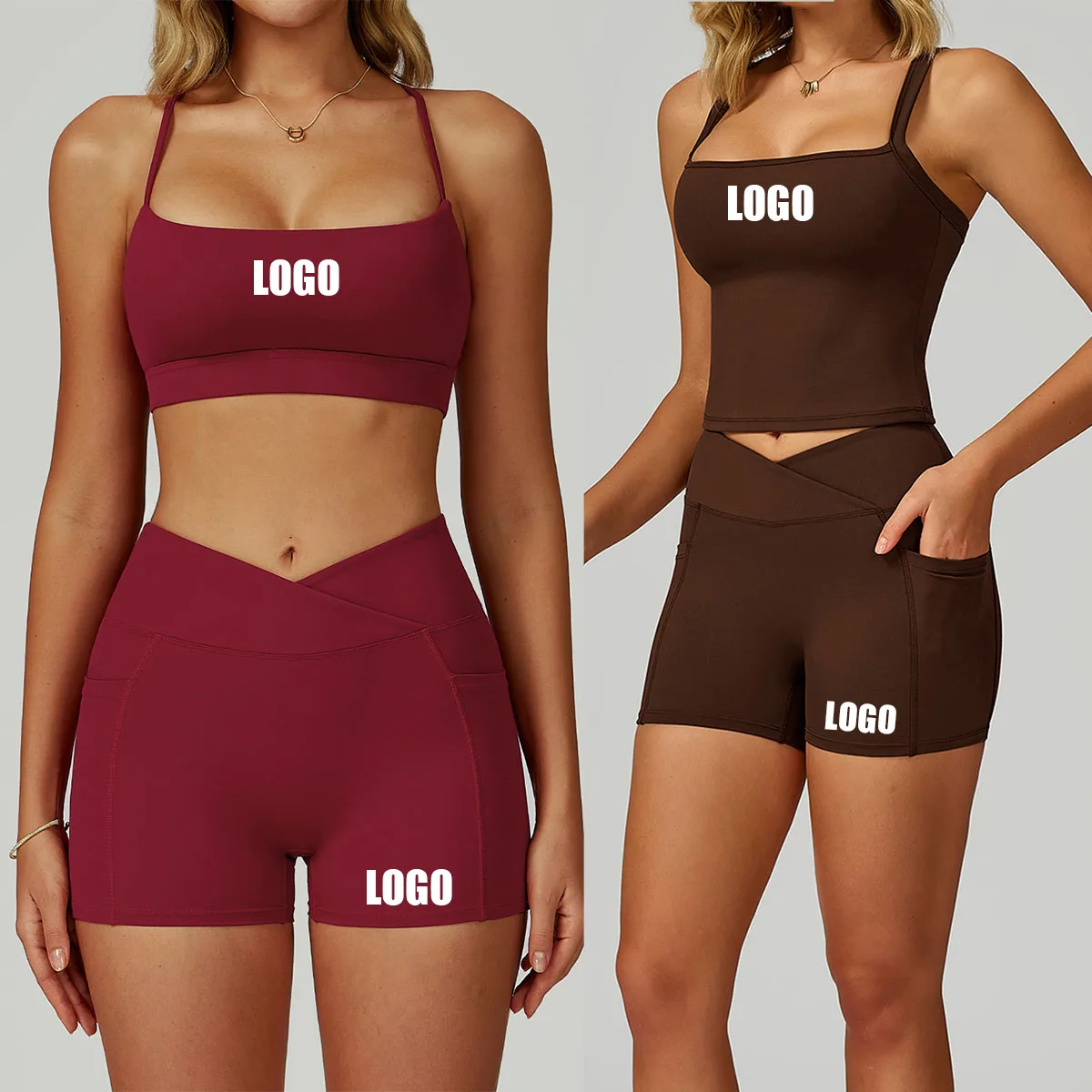 

Custom LOGO Women's Naked Yoga Hollow Beauty Back High Waist Skinny Running Fitness Cycling Vest Bra Pocket Shorts Two-piece Set