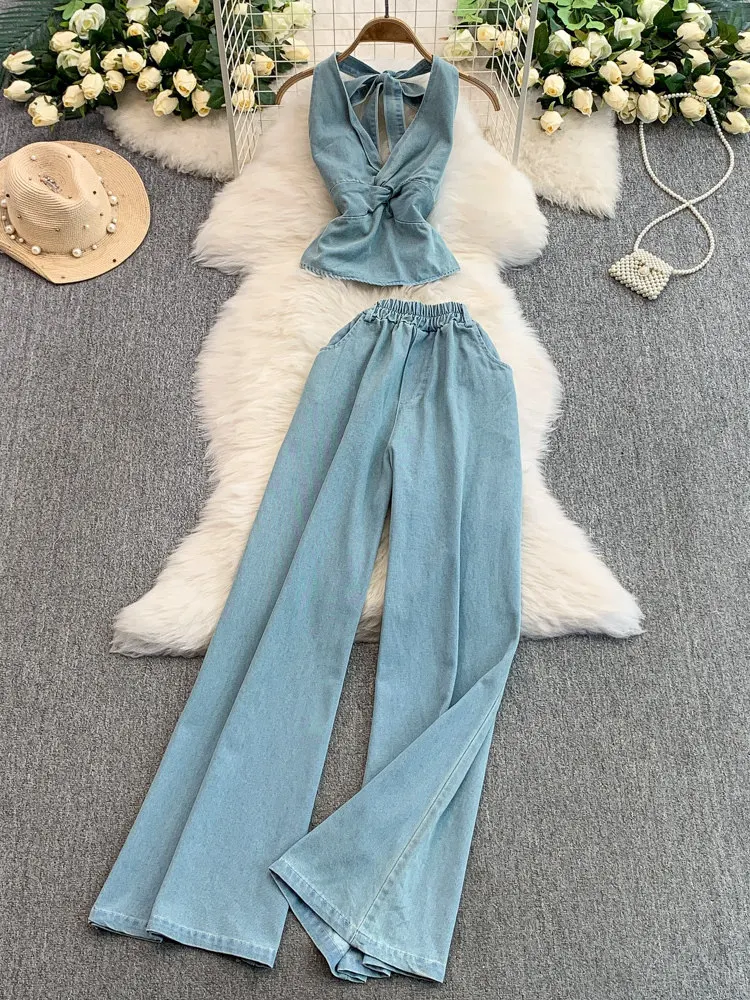 

Сексуальный джинсовый жилет с v-образным вырезом, витой талией Grundined, висящий воротник, топ + высокая талия, утягивающие широкие брюки, комплект из двух предметов