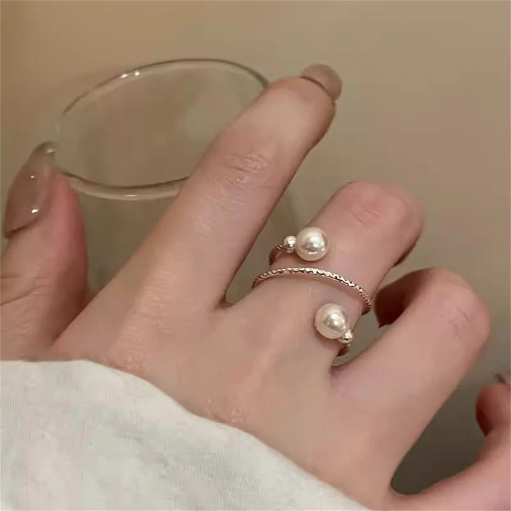 Simple Pearl Ring For Women Fashionable Silver Color Spiral Opening Adjustable Ring Trendy Jewelry Accessories