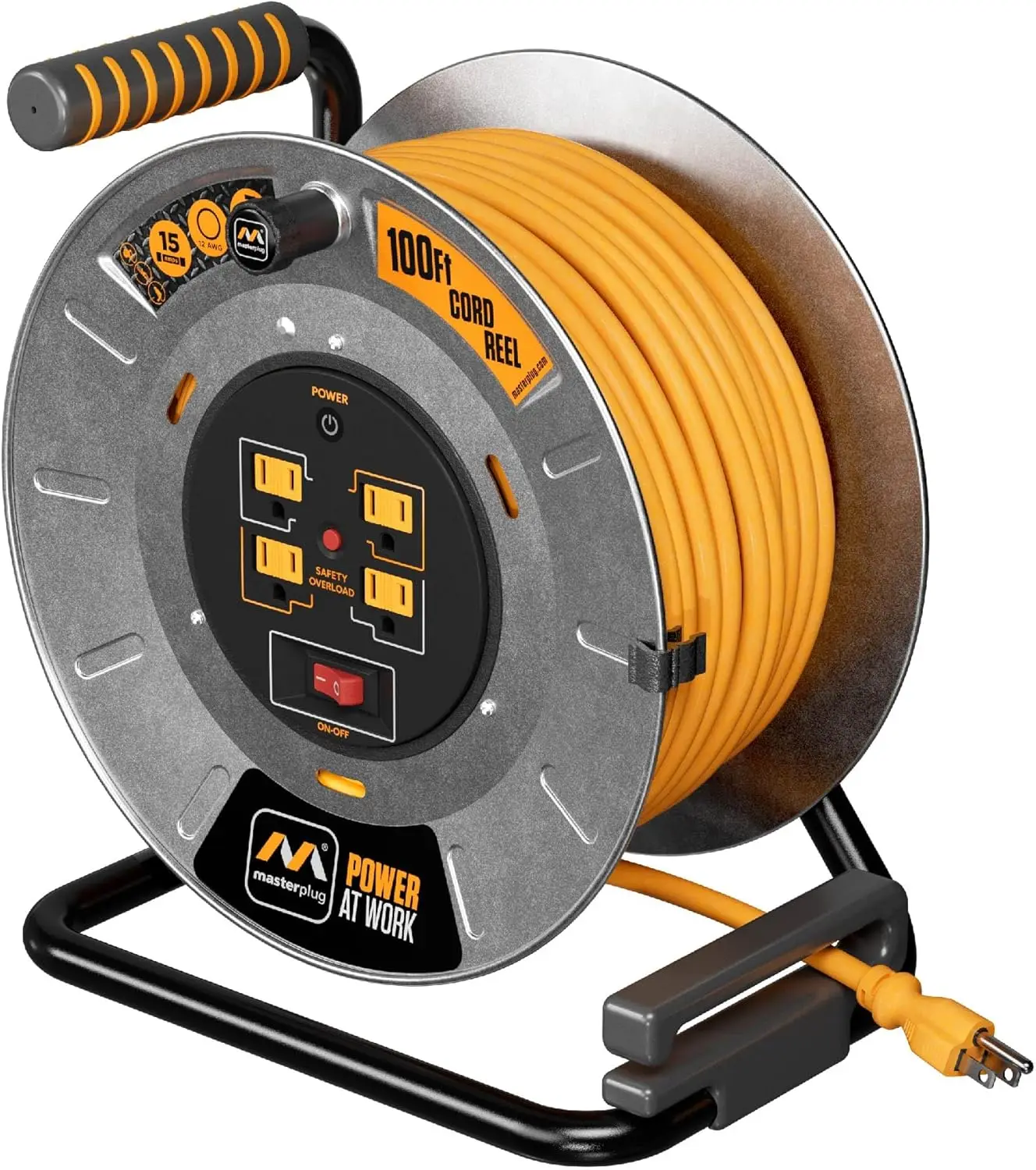 100ft Cord Reel Retractable Extension Lead ,Safety Overload Circuit Breaker and Power Switch, 4x Grounded Outlets, 15amps, 12AWG