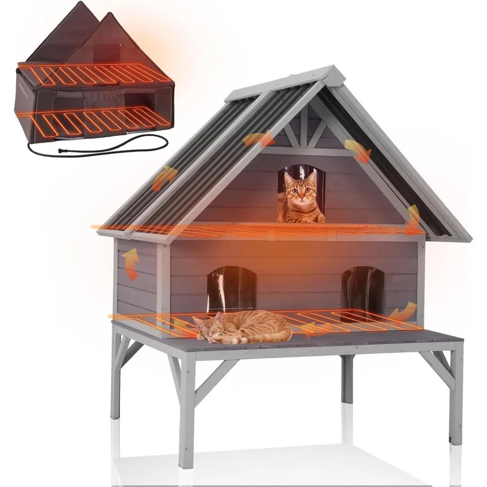 Heated Cat House 2-Level Large Outdoor Cat House Insulated Weatherproof Feral Cat Shelter with 2 Heating Pads, Insulat