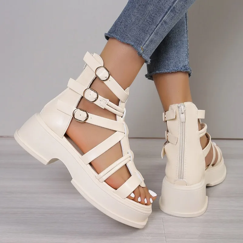 Fashion Shoes Female 2024 New Thick Heel Platform Women\'s Gladiator Sandals Summer Solid Color Simple Large Size Sandals Zapatos