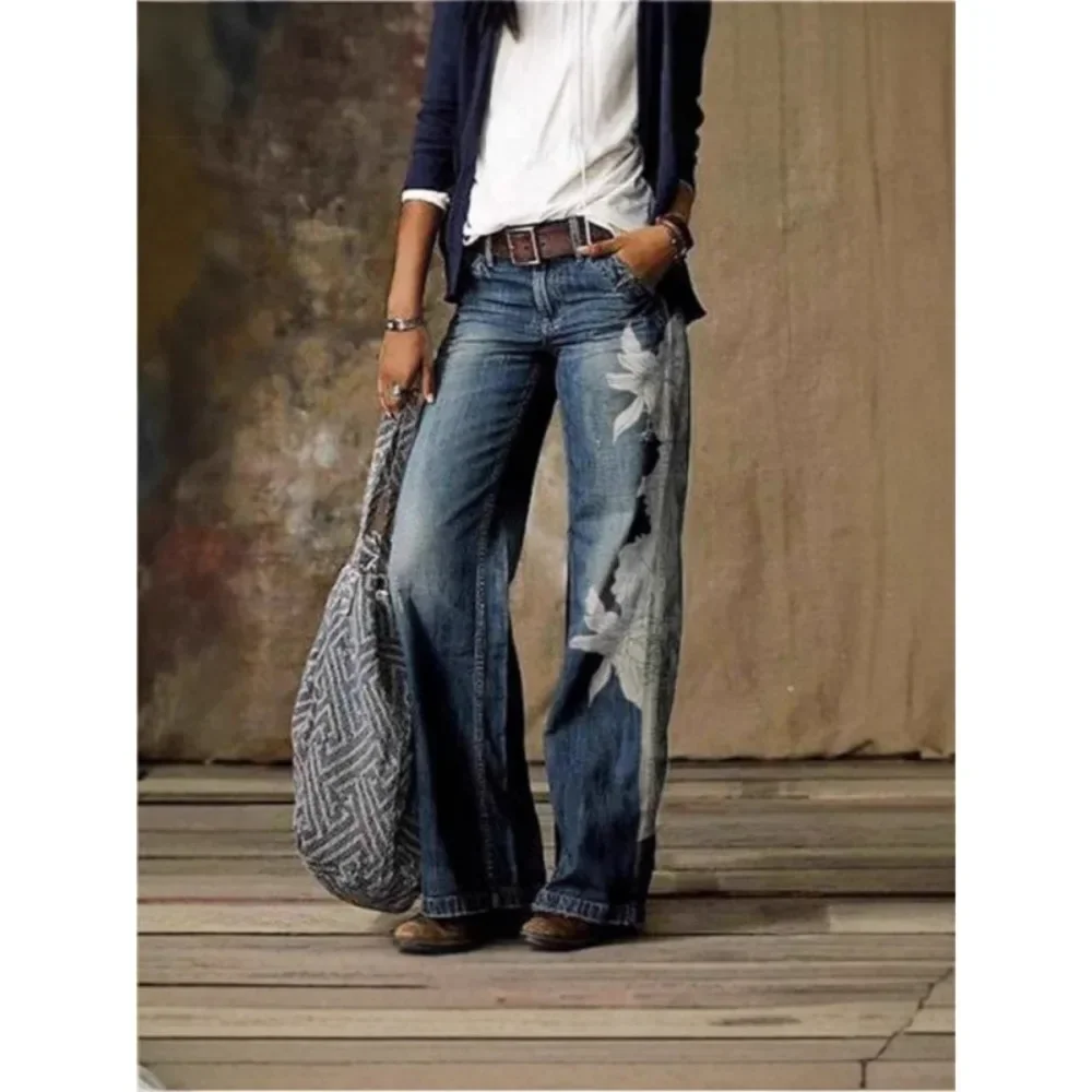Women Faux Denim Wide Leg Pants High Waisted Functional Pockets Loose Fit Soft Breathable Flattering Daily Casual Comfy New