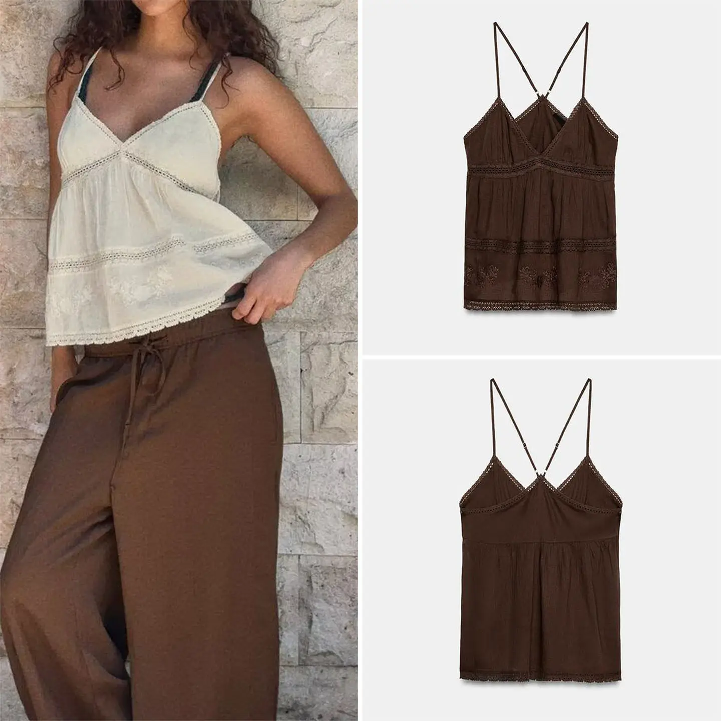 

Women's Fashionable Spring Outerwear Embroidered Sheer Strap Deep V-neck Top ZADATA Brand Regular Fit V-neck Single Piece