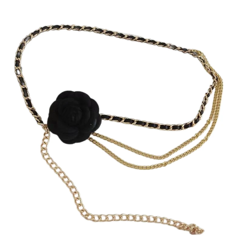 Ladies Fashion Metal Camellia Flowers Waist Chain Women Thin Body Dress Pants Decoration Belts For Girls Luxury Waist Chain