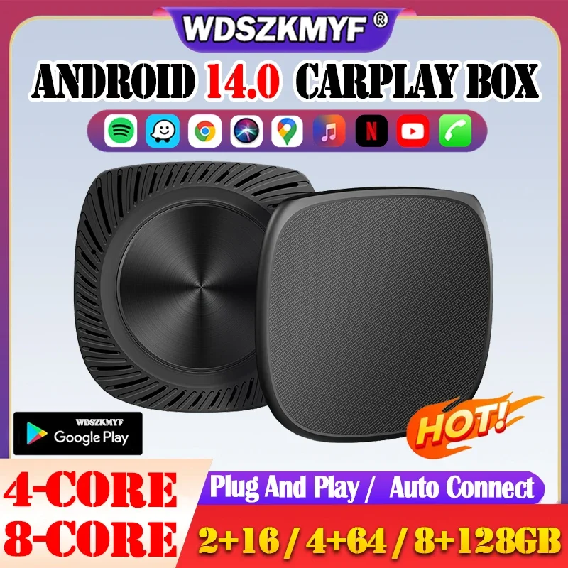 2025 CarPlay AI Box Android 14 Wireless Carplay Android Auto محول 4/8-Core أنظمة ذكاء السيارة لـ YouTube Netflix
