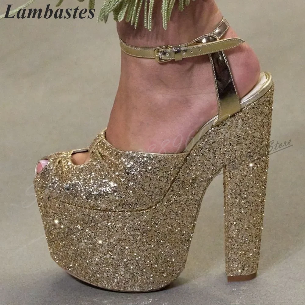 Zilver Glitter Platform Runway Sandalen Dunne Hoge Hak Schoenen Voor Vrouwen Enkel Gesp Peep Toe 2024 Mode Zapatillas Mujer