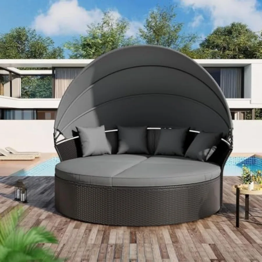 

Patio Round Daybed with Canopy, Outdoor Wicker Rattan Sectional Sofa Set with Cushions, Patio Conversation Set for Backyard, Po