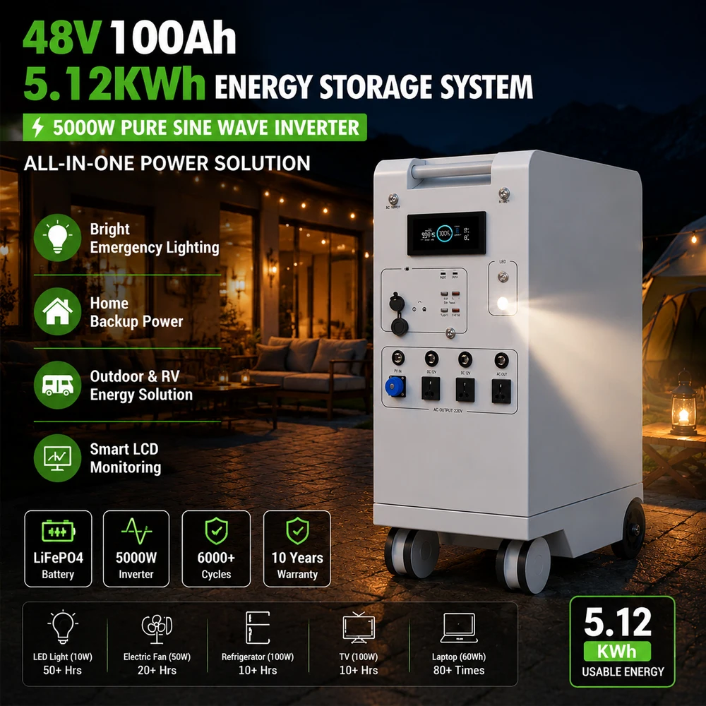Tragbare Powerstation 5000W LiFePO4 48V 100Ah 5Kwh 6000W MPPT-Wechselrichter mit Licht 18W-USB EU AC Ein-/Ausgang PV-Eingang EU LAGERBESTAND – Detail 7