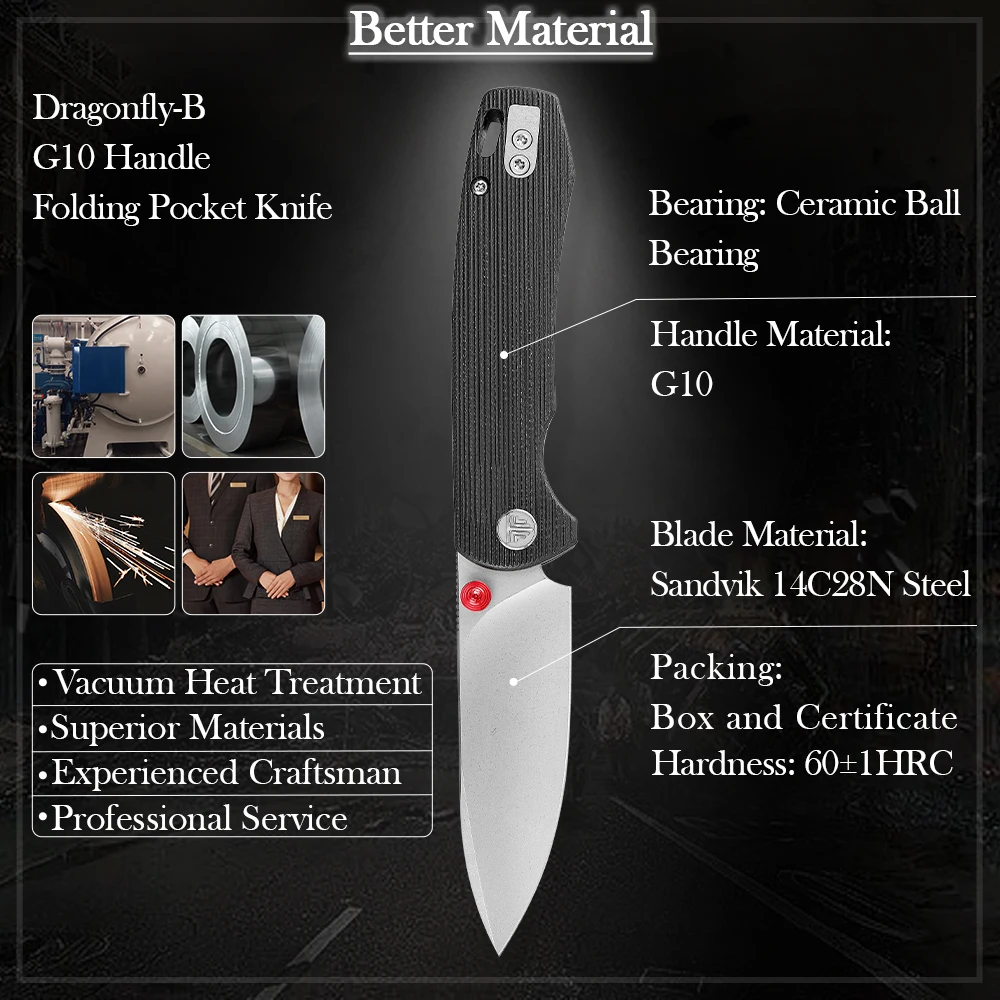TRIVISA Folding Knife for Men, 3.74" G10 Handle, Compact Outdoor Knife for Camping Hunting Hiking, with Gift Box, Dragonfly-B - view 2