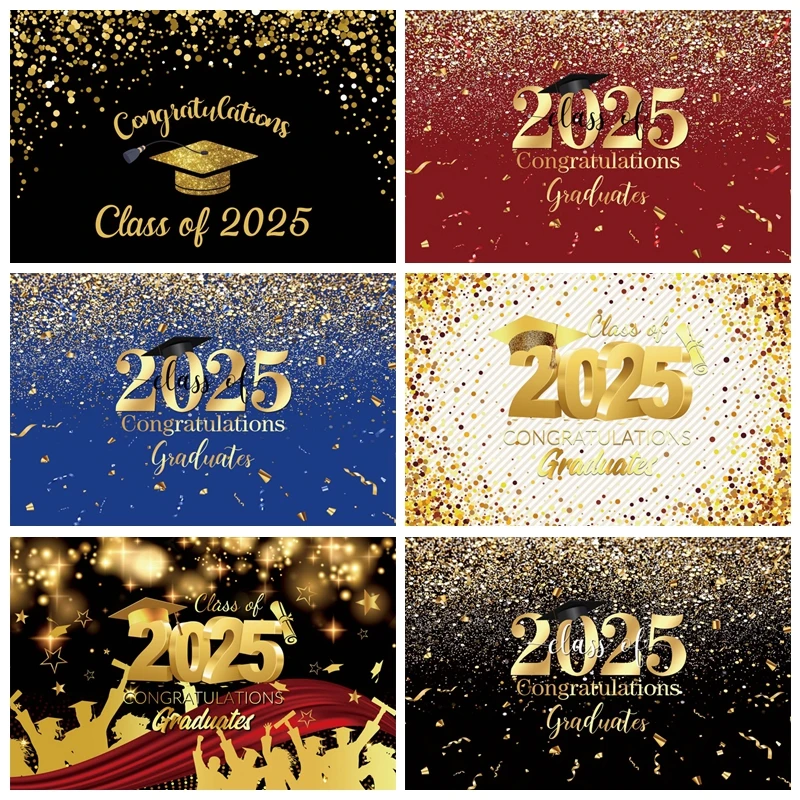 Happy Graduation Photo Backdrop 2025 Graduate Golden Sequined Scholar Cap Party Decorative Adult Portraits Photo Background