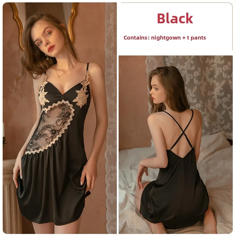 

Pure desire cross backless silk smooth satin lace embroidery low cut women's suspender nightgown home wear