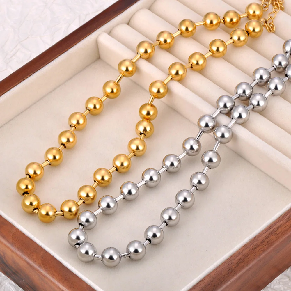 Lokaer Fashion Stainless Steel 8/10mm Round Beads Chain Necklace Bracelet Sets for Women 18K Gold Plated Party Jewelry N24082