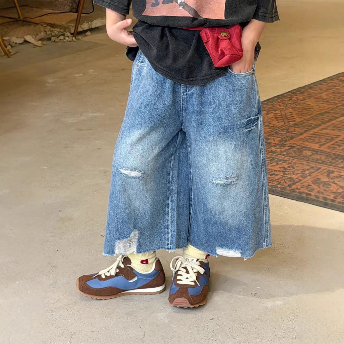 Pants 2026 Spring and Summer New Childrens Clothing Korean Boys and Girls Fashion Fur-edged Broken Casual Eight Minute Pants