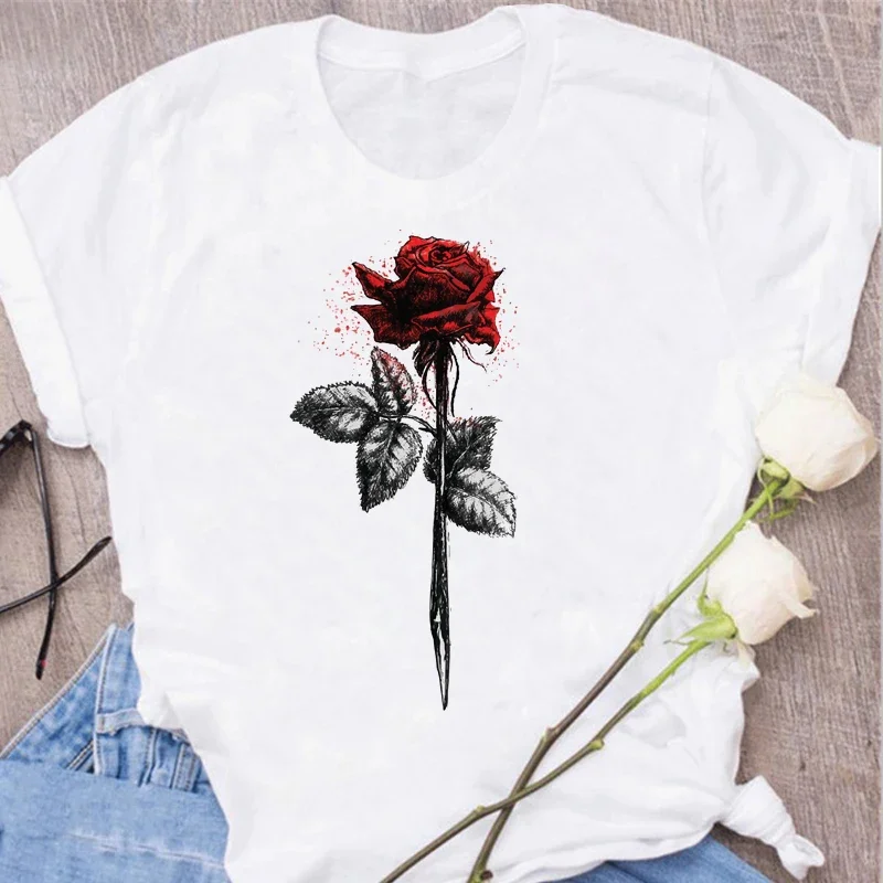Red Rose Print Women T Shirt Sleeved Round Neck Harajuku Korean Style Graphic Tops Fashion Harajuku Kawaii T-Shirt Y2K Clothing