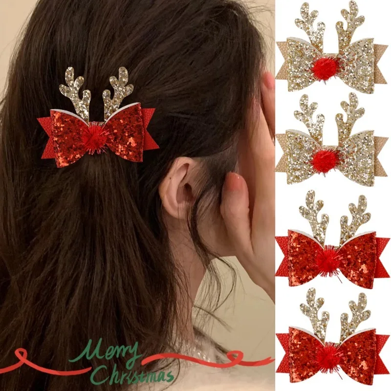 Girl Hair Accessories Children Cute Antlers Bow Hair Clips Baby Kids Glitter Bow Fur Ball Hairpins Christmas Ornaments Headdress