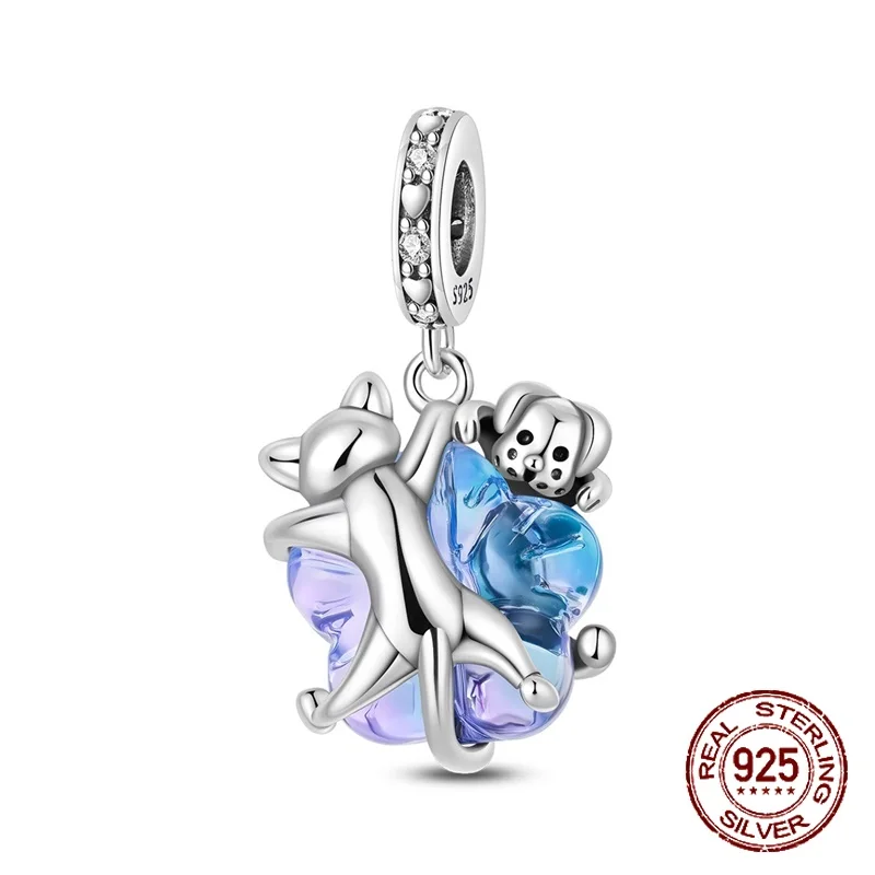 

925 Sterling Silver Adorable Cute Crystal Cat and Dog Pendant Charm Fit Original Charm Bracelets Women DIY Jewelry Gift