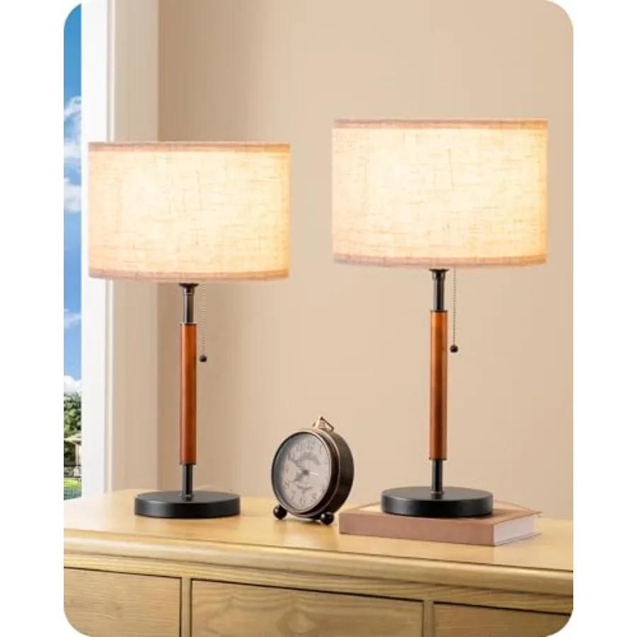 

Mid Century Table Lamp Set of 2 Pull Chain Switch Bedside Lamp Linen Shade Solid Wood Pole and Metal Base Modern Nightstand Lam
