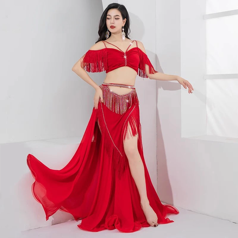 Women Oriental Dance Outfit Group Belly Dance Costume Long Skirt Girls Training Clohing Fringes Wraps Shimmy Triangular Scarf