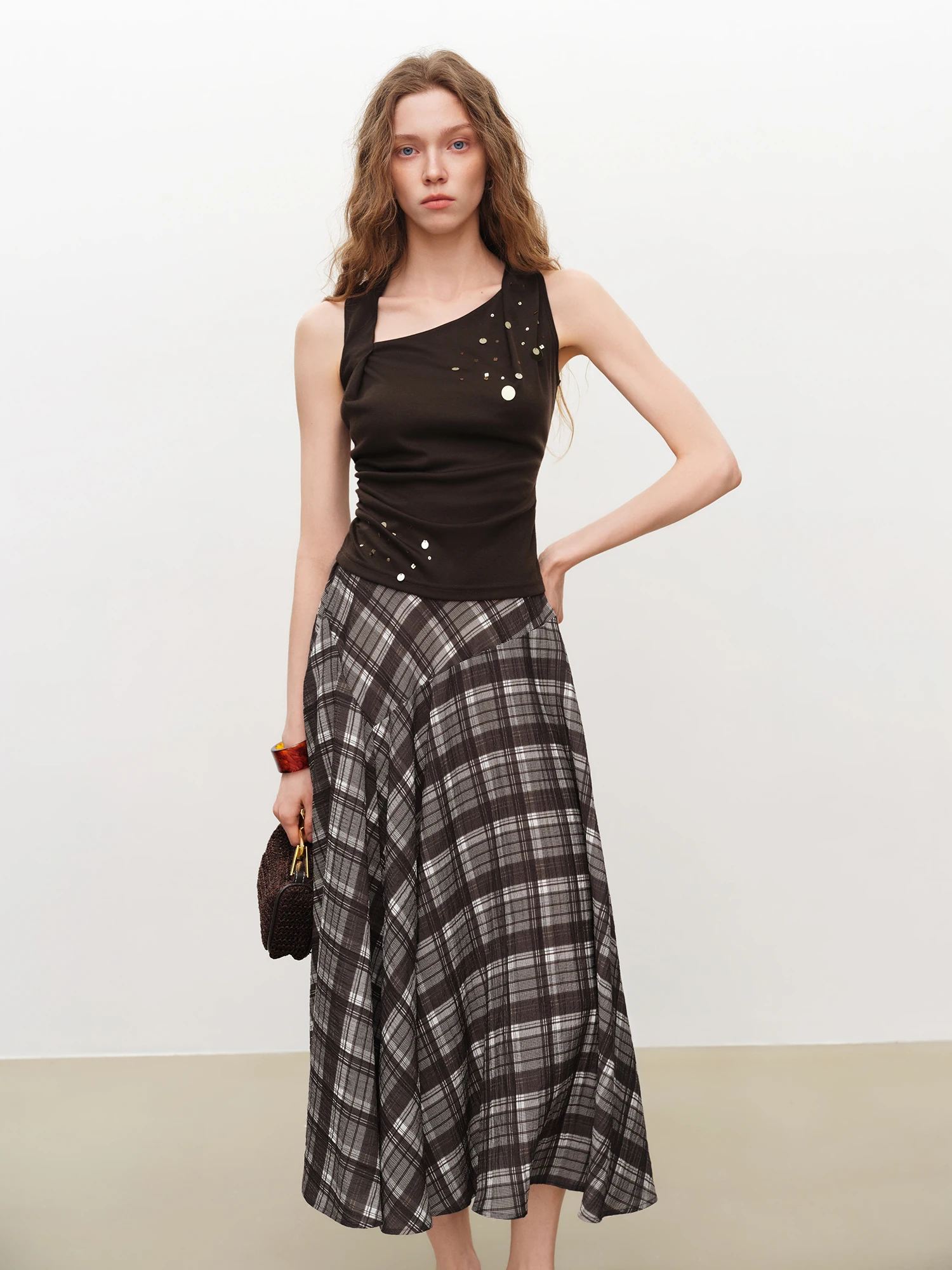 ZIQIAO 2026 Summer Women's Bohemian-Inspired Delicate Beaded Sleeveless Top Plaid Midi Skirt Coordinated Set for Music Festivals