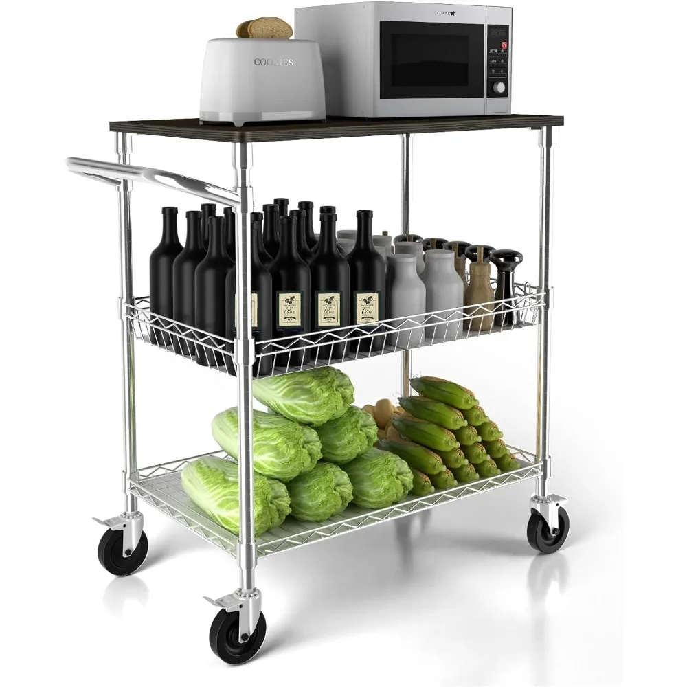 

Storage Rack Trolley, 3-tier Heavy Duty Rolling Multi-purpose Cart with Wooden Top with Wheel, Handle, Shelf Liner, Kitchen Cart