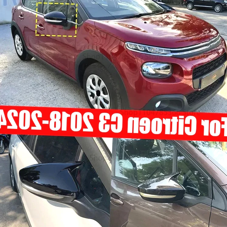 

For Citroen C3 2018 2019 2020 2021 2022 2023 2024 Shiny Black Carbon Fiber Pattern with Car Reversing Mirror Decorative Cover