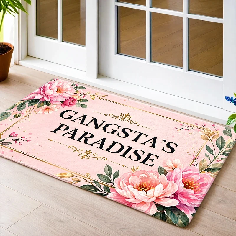 High-Quality Floral Print Welcome Doormat Pink Rose Mat Cottagecore Style Typography Entrance Mat Indoor Outdoor Decor