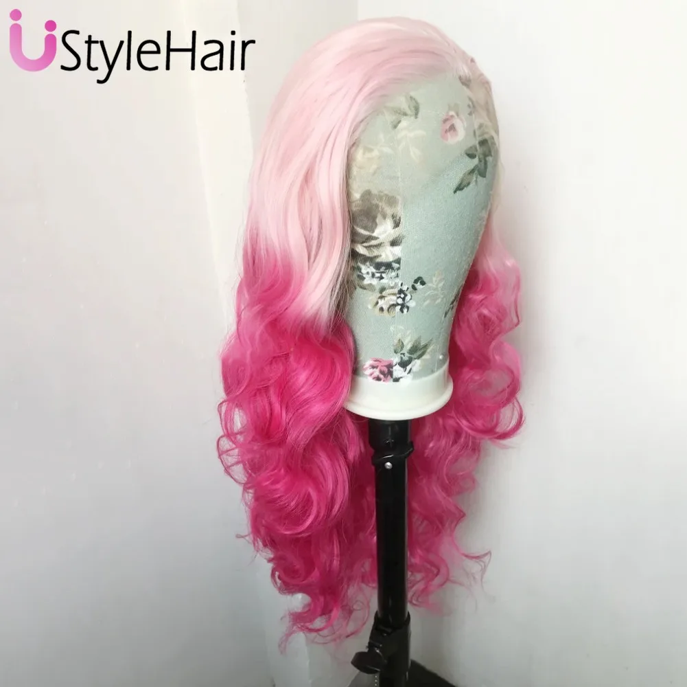 UStyleHair Ombre Pink Long Body Wave Wig Fashion Color Synthetic Lace Front Wig Light Roots Heat Resistant Fiber Hair Daily Use