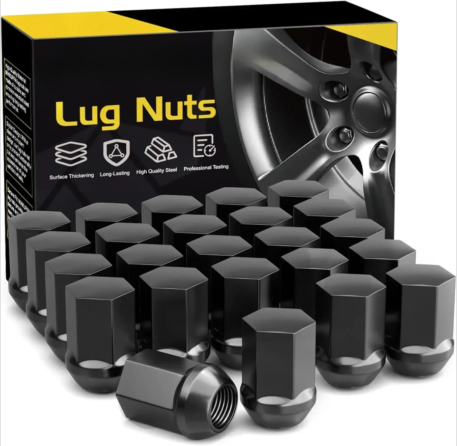 24PCS M14x1.5 Black Lug Nuts - One-Piece Chrome OEM Factory Style Large Acorn Seat Lug Nuts 7/8