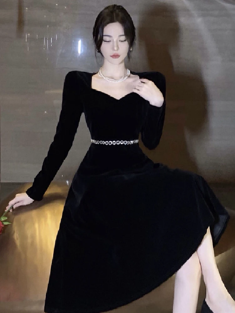 Gagaok French Retro Velvet Black Dress Elegant High Waist Slimming Banquet Dresses Women Square Collar Gentle Vestidos De Fiesta