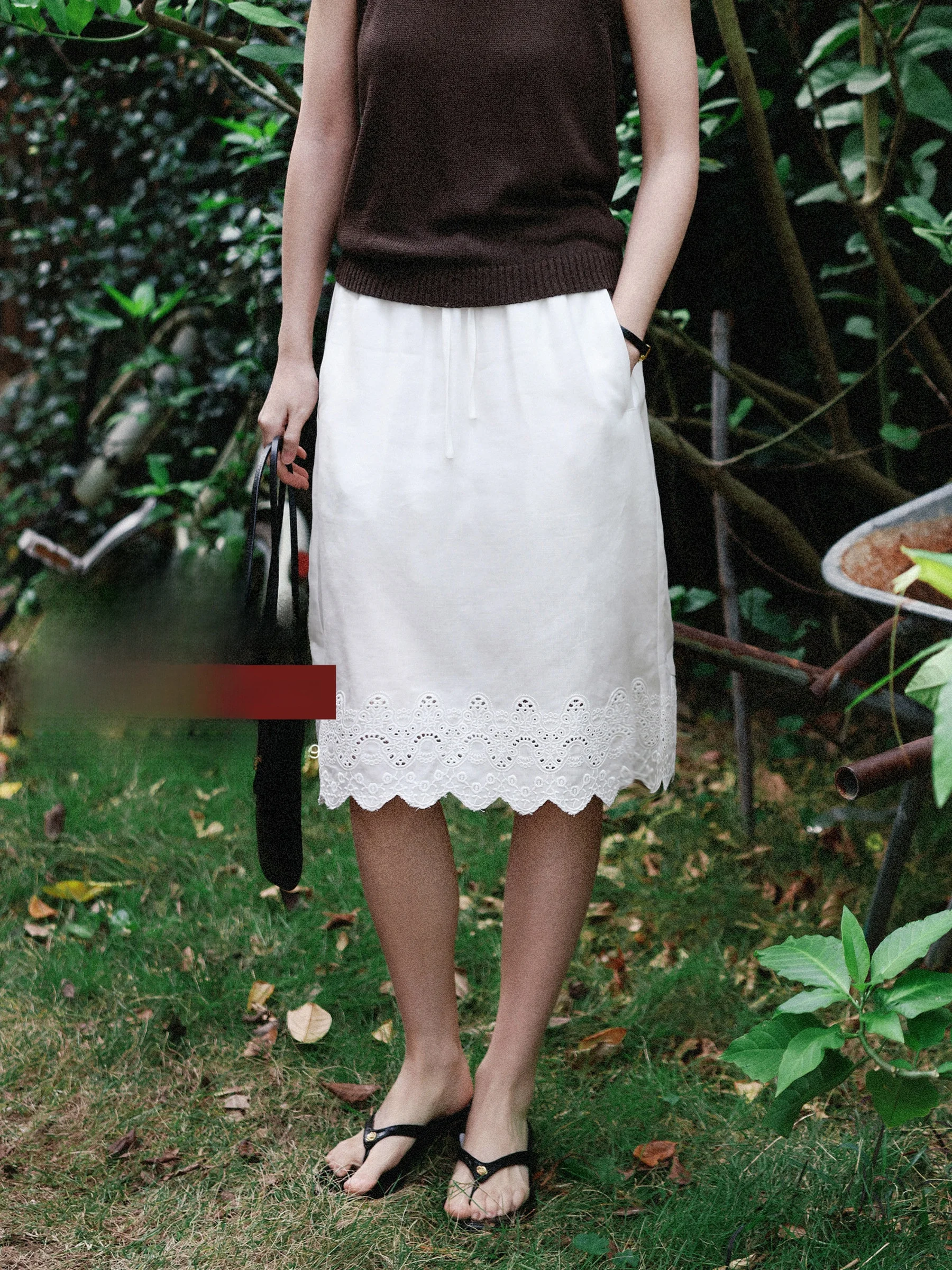 MUNNS RUIXI Spring Outing Lace Trim Heavy Embroidery Linen Half Skirt A-Line Skirt mid Waist Design for Ladies