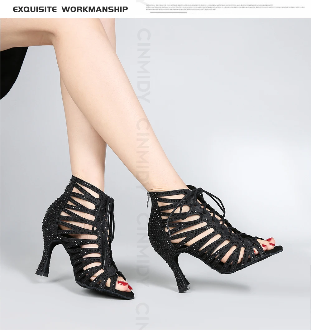 CINMIDY Schwarze Tanzschuhe für Damen Tango Salsa Latein Tanzschuhe Kubanischer Absatz Ballsaal Tanzstiefel Rote Partyschuhe zum Tanzen – Detail 11
