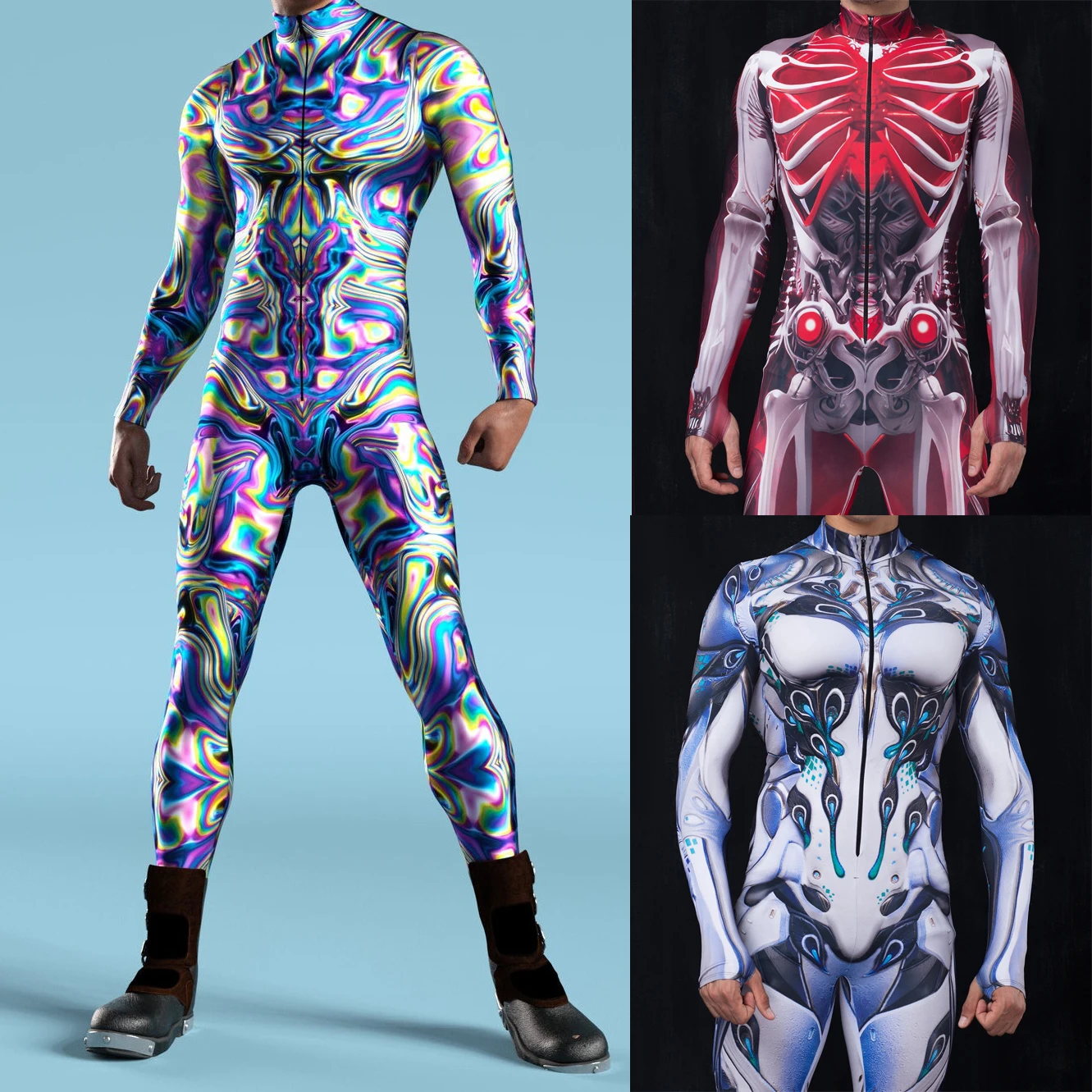 

Men's Mechanical Color Printing Cyber ​​heart Skull Role Play Punk Fantasy Bodysuit Bodysuit Halloween Party Performance Costume