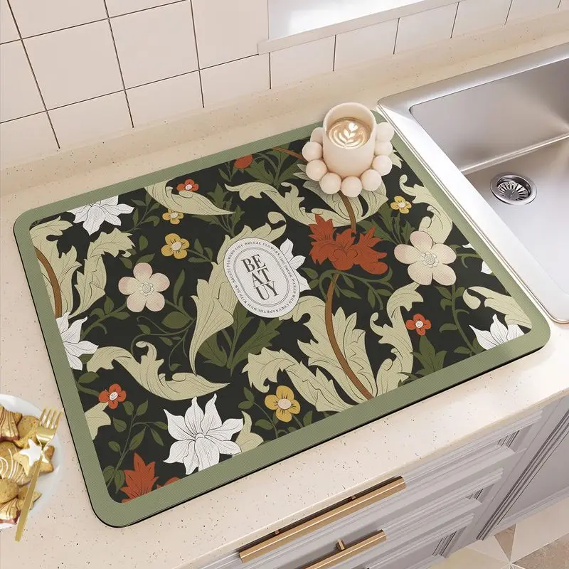 French Vintage Bowl Plate Drainer Mat Kitchen Countertop Absorbent Heat-Resistant Non-Slip Table Top Home Decor Rustic Mat