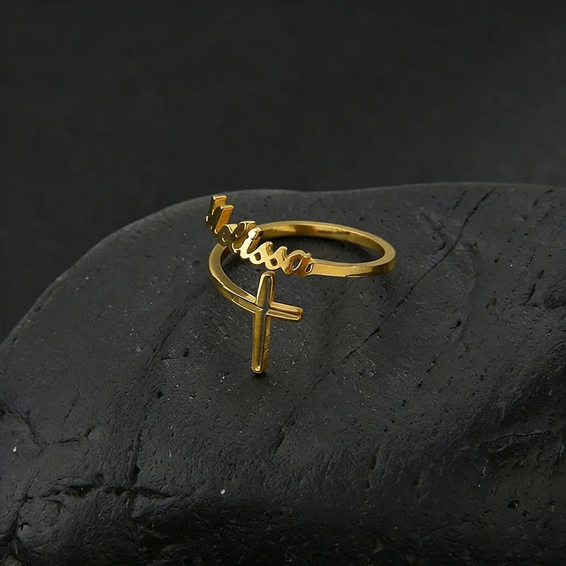 

Personalized Custom Cross Engraved Name Ring Stainless Steel Handwritten Font Religious Thin Band Jewelry Gift for Women