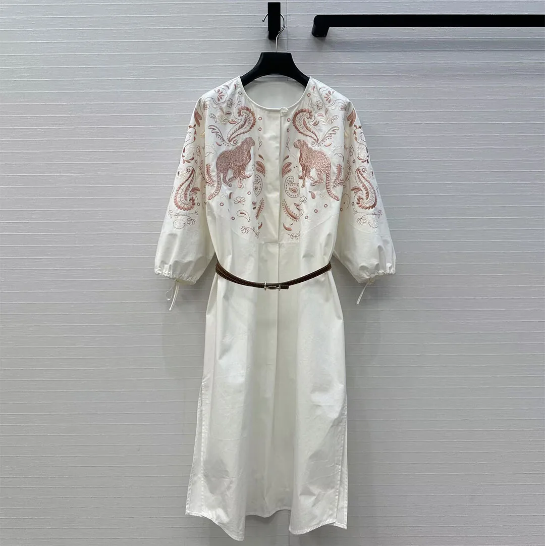 2025 New Autumn Fashion White Cotton Long Dress Women O-neck Lantern Sleeve Embroidery Cartoon Animal Flower Belt Boho Dresses