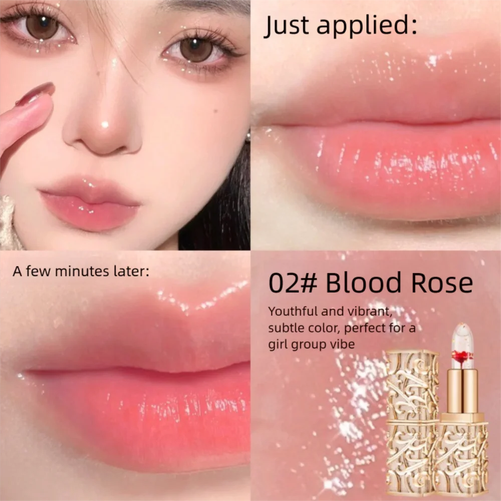 Lápiz labial hidratante transparente, textura de gelatina sensible a la temperatura, brillo de labios que cambia de Color, flor en el interior de larga duración