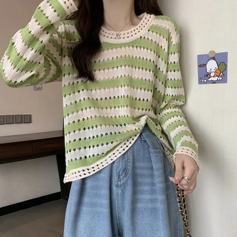 Spring and Autumn Style Shoulder Striped Ice Silk Long Sleeved Knitted T-shirt Loose and Thin Hollow Out and Unique Top