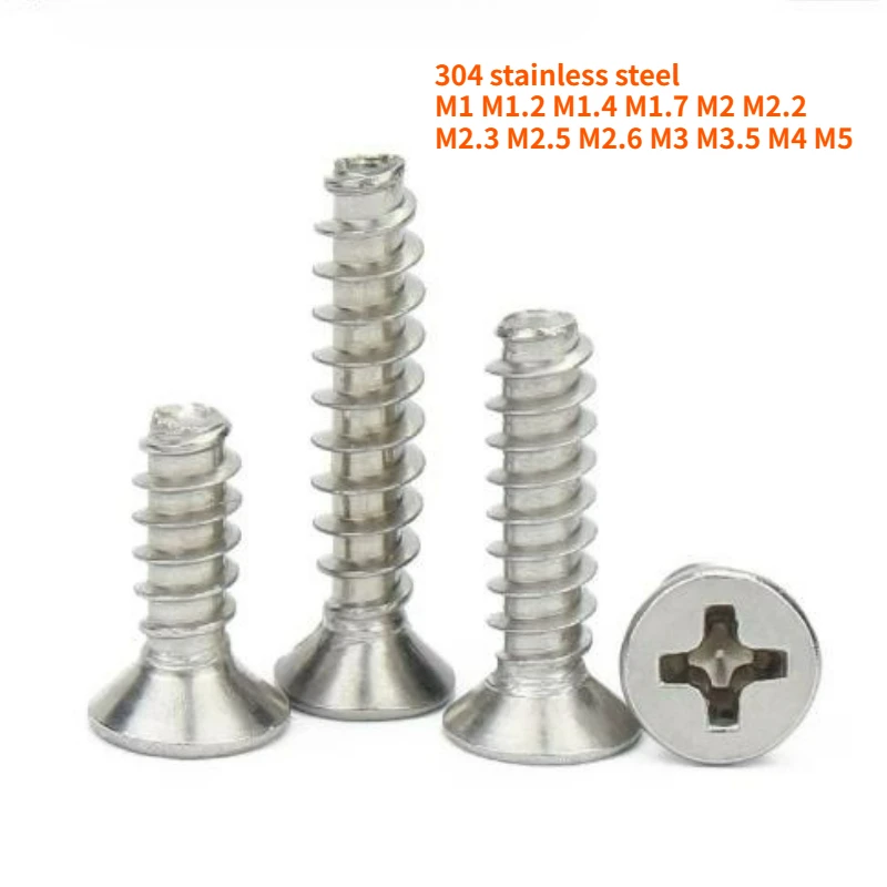 304 Stainless Steel M1 M1.2 M1.4 M1.7 M2 M2.2 M2.3 M2.5 M2.6 M3~M5 Cross Recessed Countersunk Head Flat Tail Self-tapping Screw