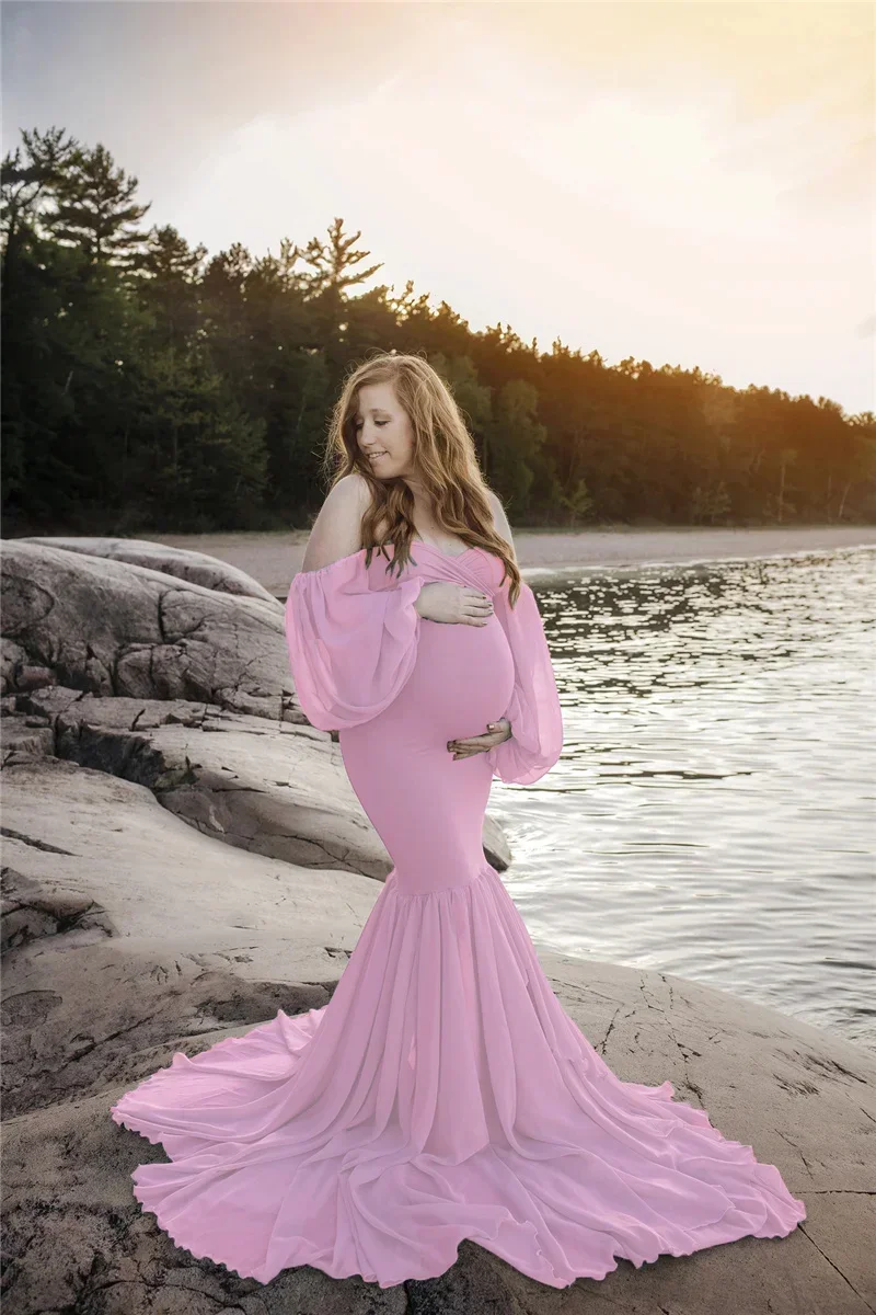 

Solid Color Shoulderless Maternity Dresses Photoshoot Ruffles Pregnancy Pregnant Women Skirt Photography Props