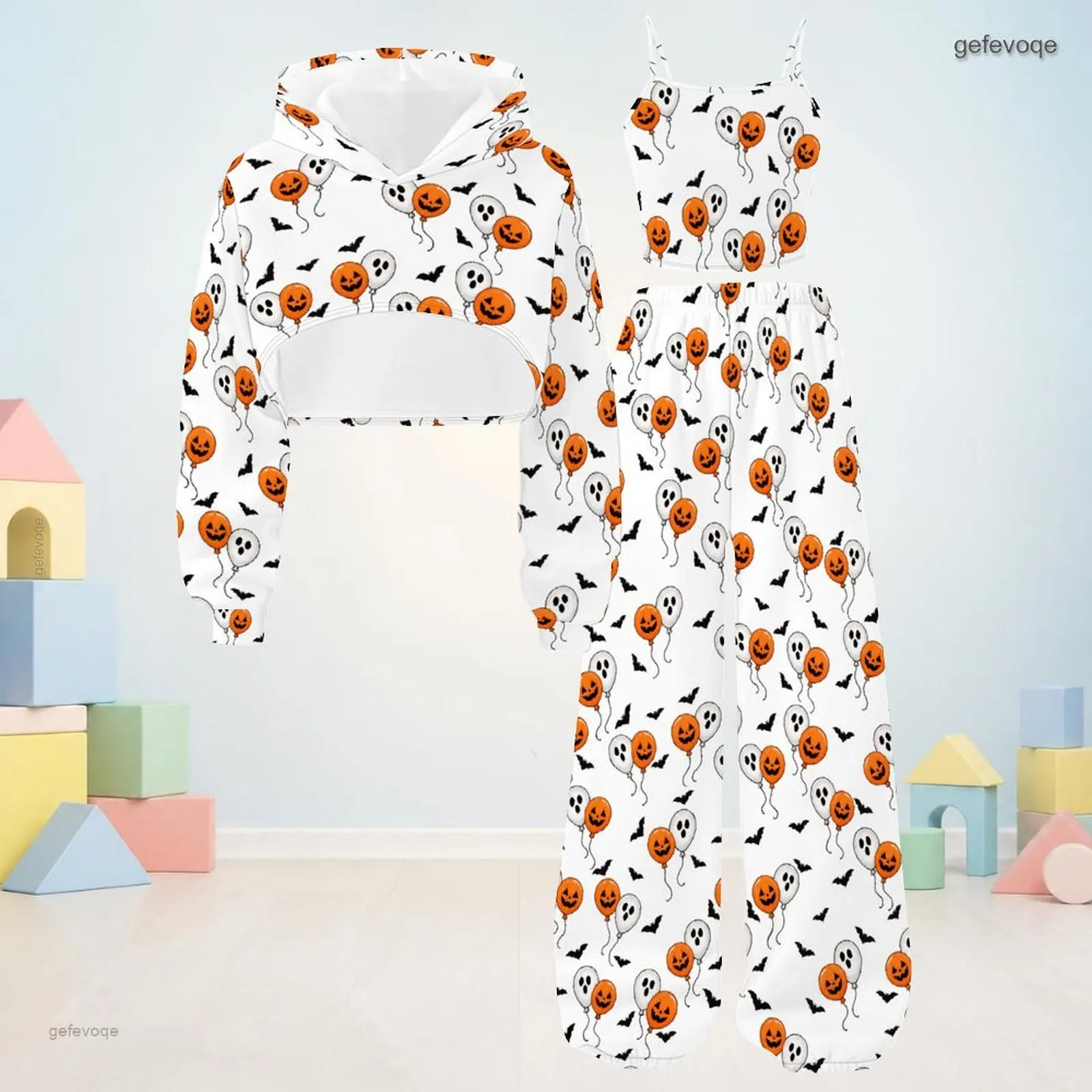 Autumn Graphic Print Girls 3 Piece Outfit Girls Hooded Spooky Children Clothing Party Wear